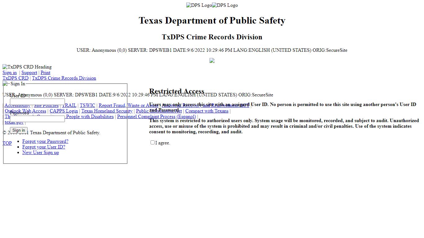 Sign In | TxDPS Crime Records Division - Texas